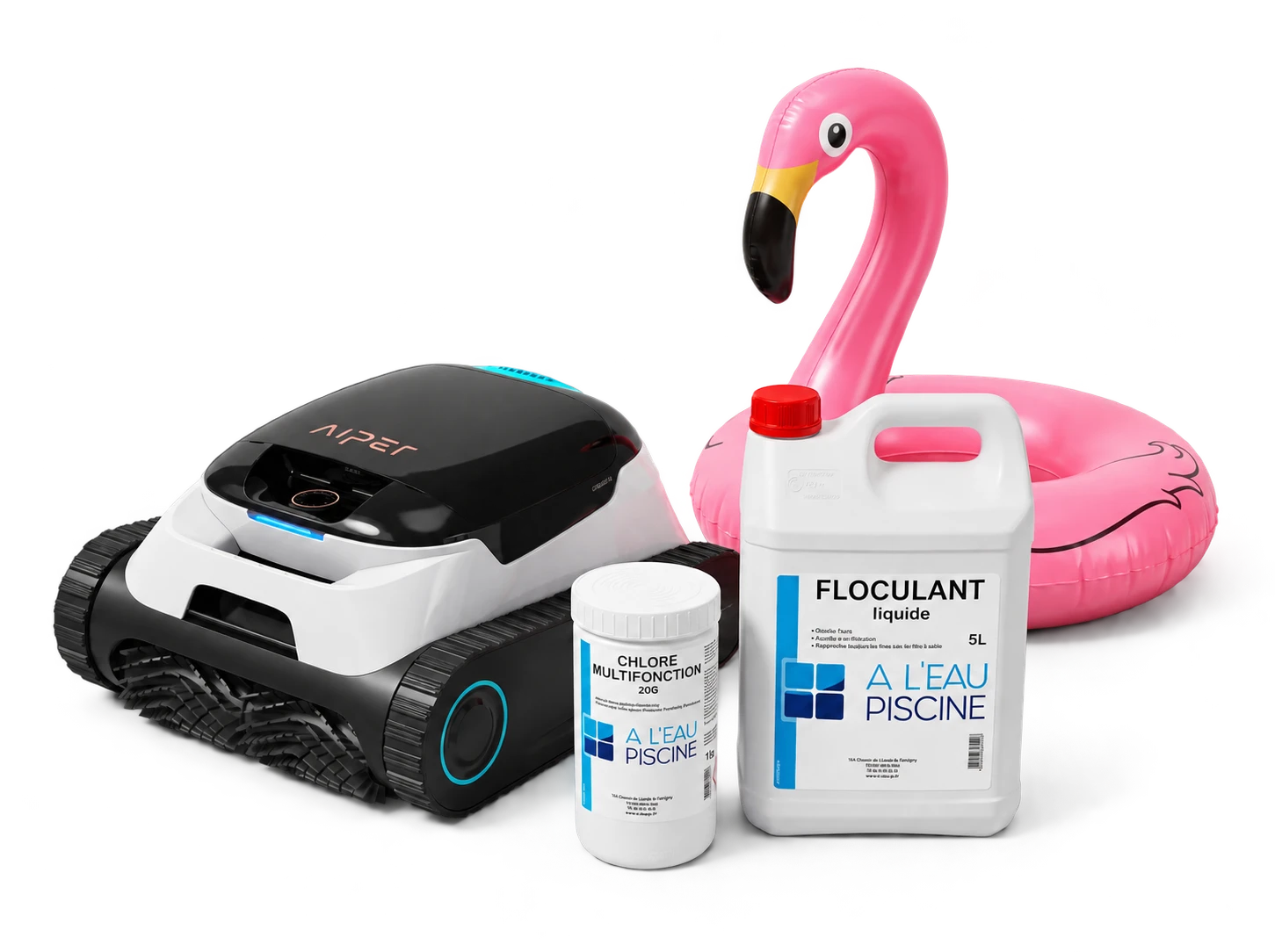 Robot de nettoyage, chlore et floculant A l’Eau Piscine, bouée flamant rose